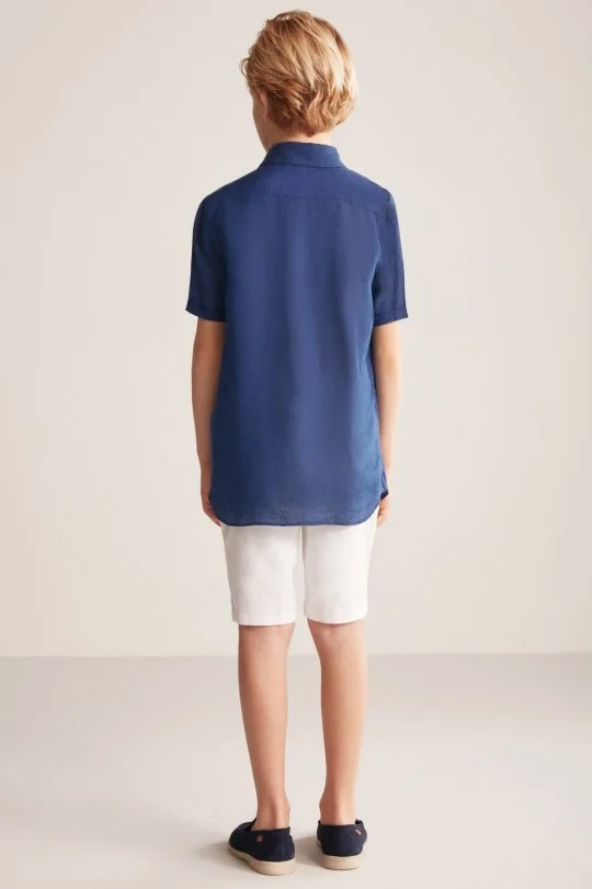 Hemington - Kısa Kollu Saf Keten Lacviert Çocuk Gömlek (5)