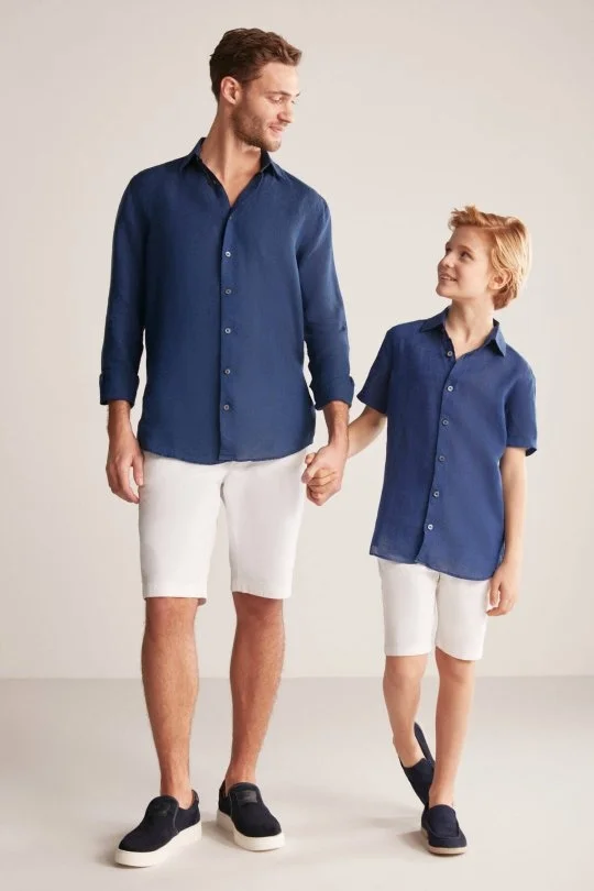 Hemington - Kısa Kollu Saf Keten Lacviert Çocuk Gömlek (4)