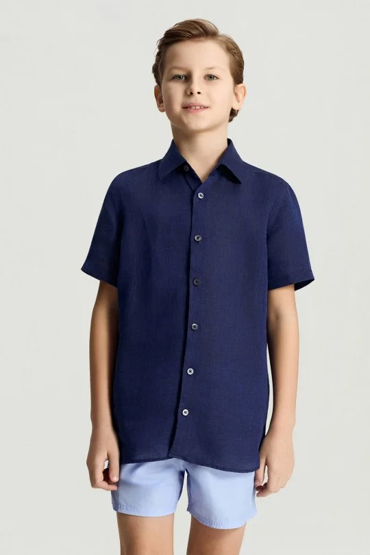 Hemington - Kısa Kollu Saf Keten Lacviert Çocuk Gömlek (1)