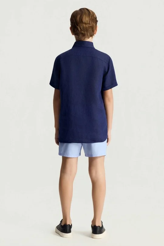 Hemington - Kısa Kollu Saf Keten Lacviert Çocuk Gömlek (4)