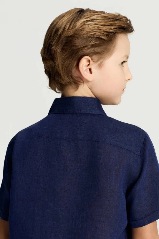 Hemington - Kısa Kollu Saf Keten Lacviert Çocuk Gömlek (5)