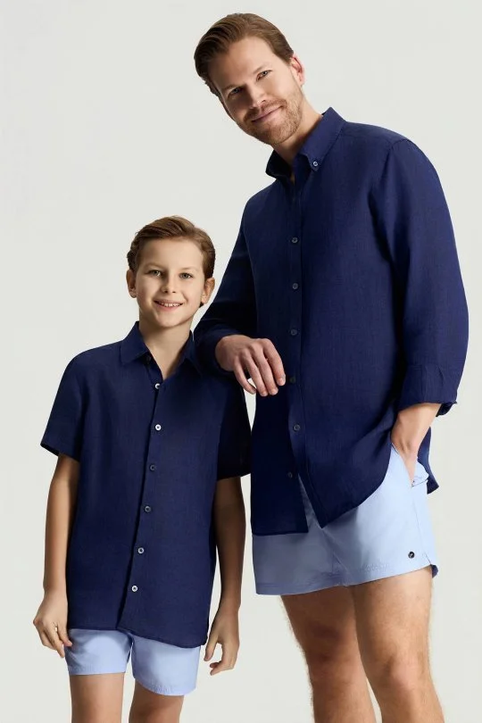 Hemington - Kısa Kollu Saf Keten Lacviert Çocuk Gömlek (2)