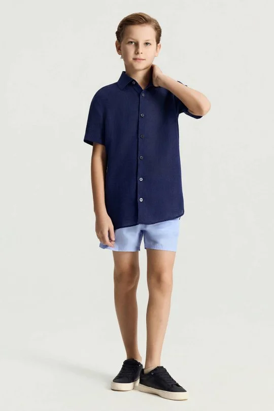 Hemington - Kısa Kollu Saf Keten Lacviert Çocuk Gömlek (3)