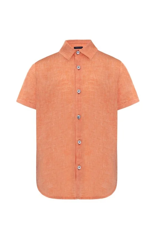 Hemington - Kısa Kollu Saf Keten Turuncu Çocuk Gömlek (6)