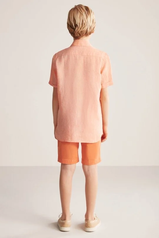 Hemington - Kısa Kollu Saf Keten Turuncu Çocuk Gömlek (4)