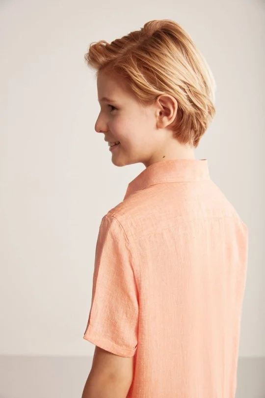 Hemington - Kısa Kollu Saf Keten Turuncu Çocuk Gömlek (2)