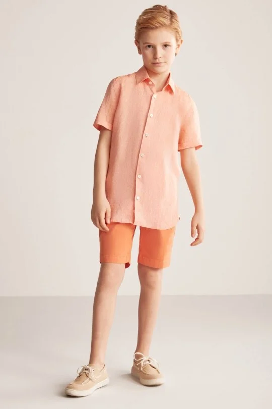 Hemington - Kısa Kollu Saf Keten Turuncu Çocuk Gömlek (3)