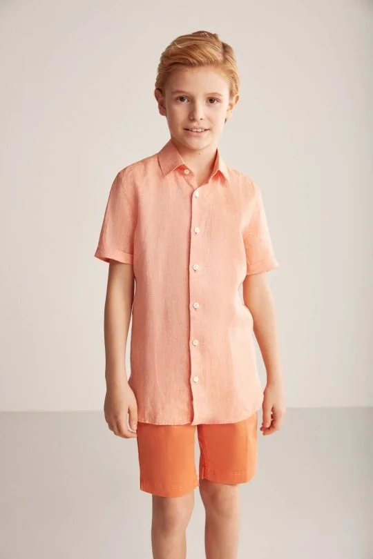 Hemington - Kısa Kollu Saf Keten Turuncu Çocuk Gömlek (1)