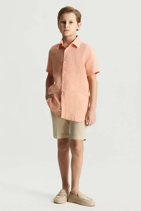 Hemington - Kısa Kollu Saf Keten Turuncu Çocuk Gömlek (3)
