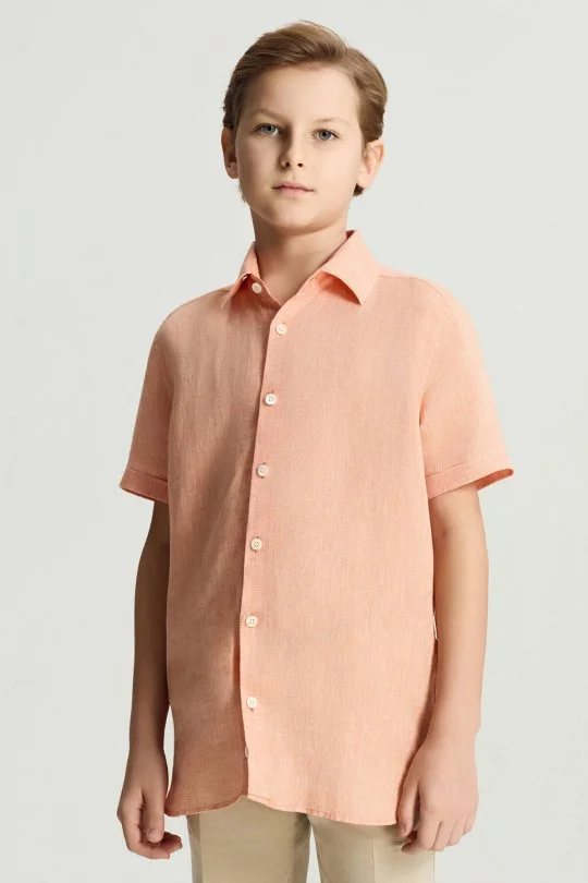 Hemington - Kısa Kollu Saf Keten Turuncu Çocuk Gömlek (1)