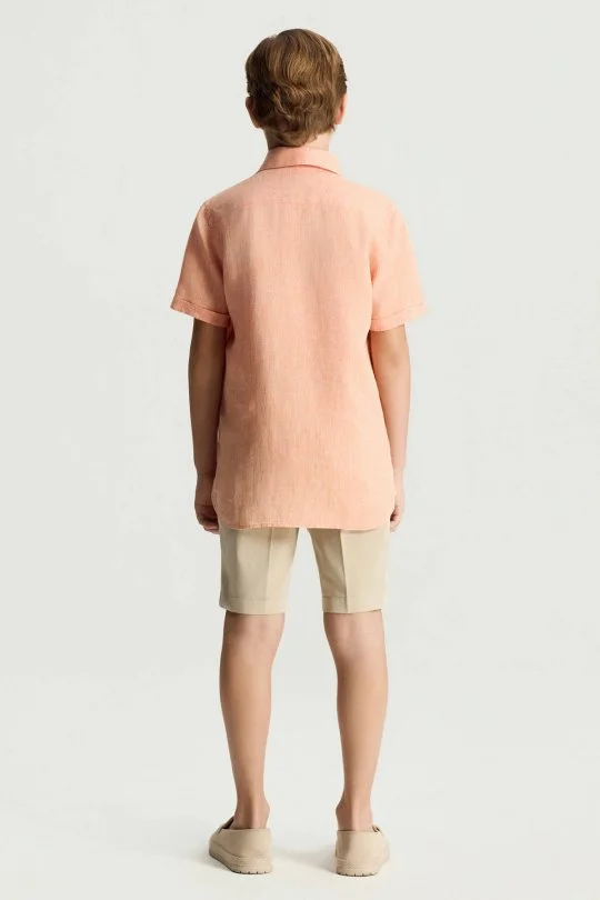 Hemington - Kısa Kollu Saf Keten Turuncu Çocuk Gömlek (4)