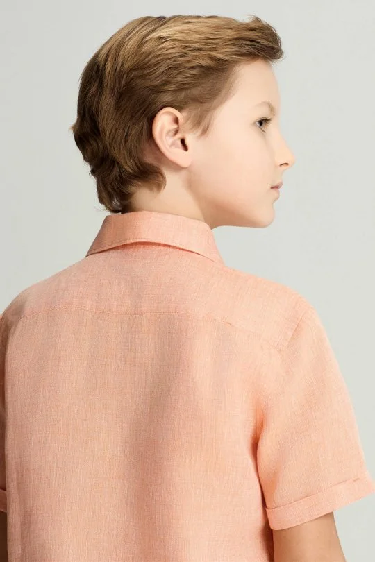 Hemington - Kısa Kollu Saf Keten Turuncu Çocuk Gömlek (5)