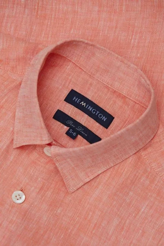 Hemington - Kısa Kollu Turuncu Saf Keten Çocuk Gömlek (2)