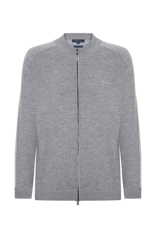 Kolları Şerit Detaylı Fermuarlı Gri Triko Spor Ceket