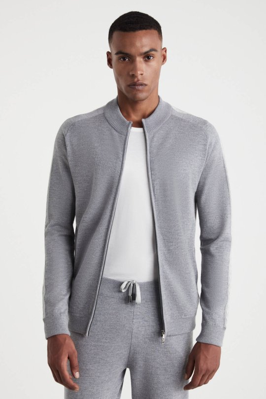 Kolları Şerit Detaylı Fermuarlı Gri Triko Spor Ceket