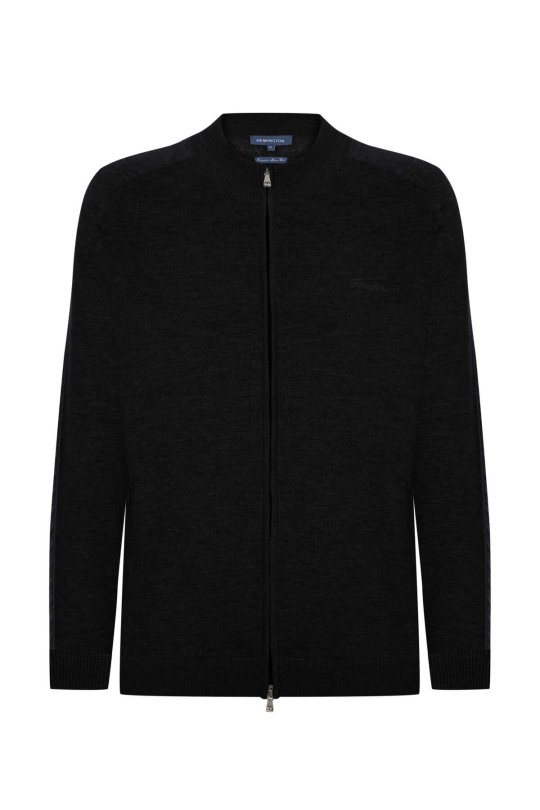 Kolları Şerit Detaylı Fermuarlı Siyah Triko Spor Ceket