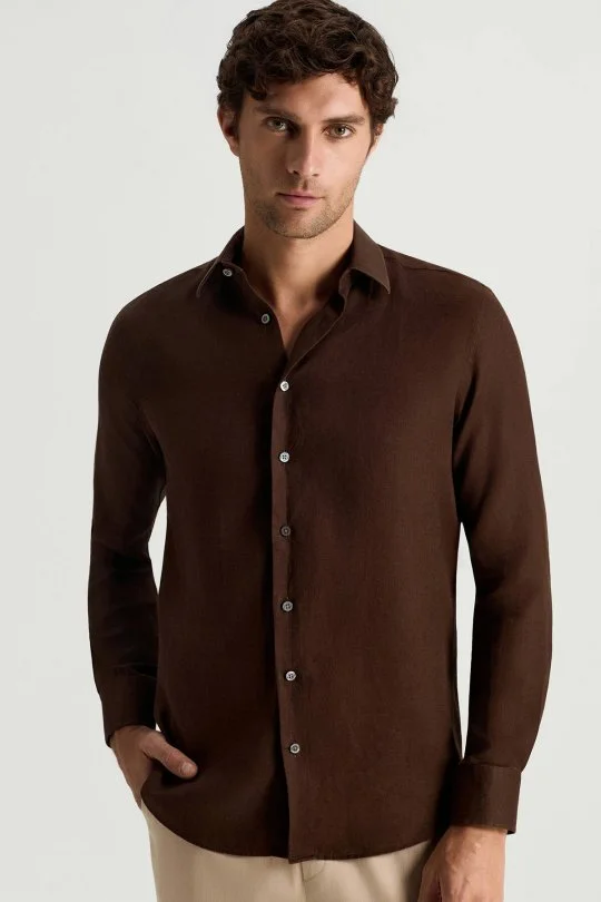 Hemington - Koyu Kahve Saf Keten Spor Gömlek (1)