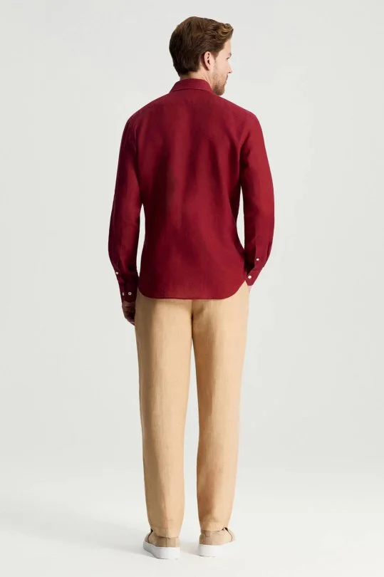 Koyu Kırmızı Saf Keten Spor Gömlek
