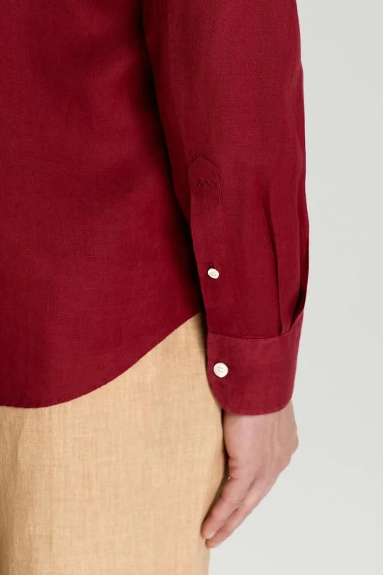 Koyu Kırmızı Saf Keten Spor Gömlek