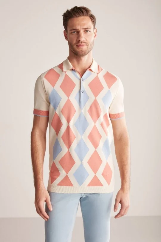 Hemington - Krem Rengi Pembe Baklava Desen Triko Polo (3)