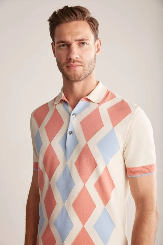 Hemington - Krem Rengi Pembe Baklava Desen Triko Polo (1)