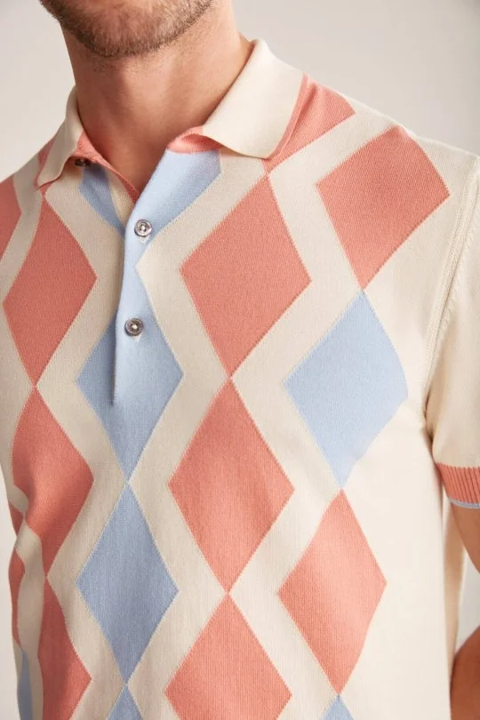 Hemington - Krem Rengi Pembe Baklava Desen Triko Polo (6)