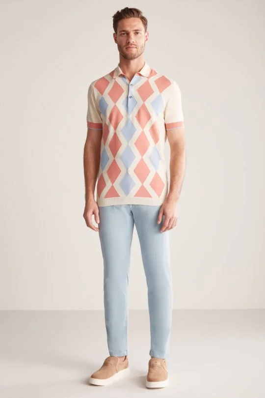 Hemington - Krem Rengi Pembe Baklava Desen Triko Polo (4)