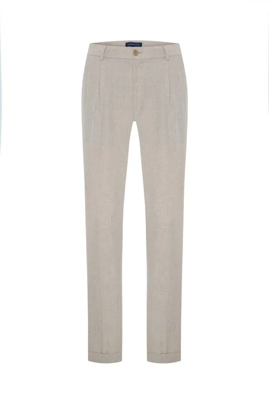 Hemington - Saf Keten Krem Rengi Pileli Pantolon (6)