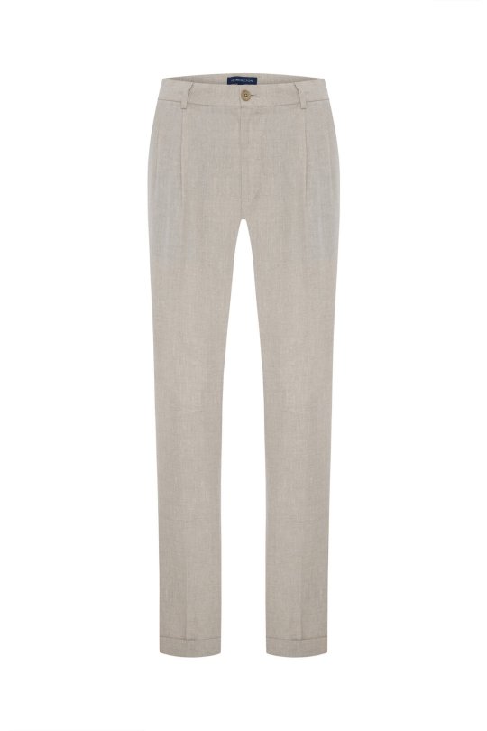 Saf Keten Krem Rengi Pileli Pantolon