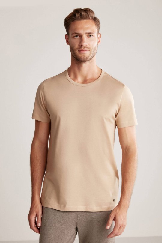 Kum Rengi Bisiklet Yaka Basic T-Shirt