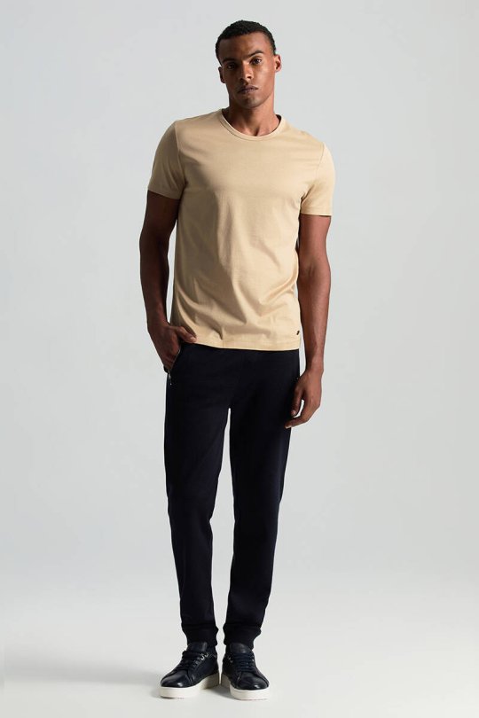 Bisiklet Yaka Kum Rengi Basic T-Shirt