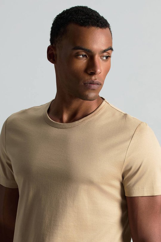 Bisiklet Yaka Kum Rengi Basic T-Shirt