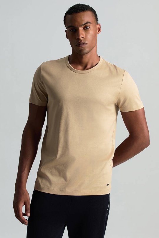 Bisiklet Yaka Kum Rengi Basic T-Shirt