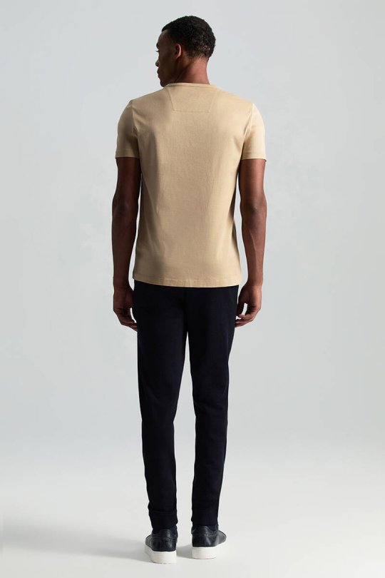 Bisiklet Yaka Kum Rengi Basic T-Shirt