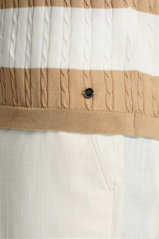 Kum Rengi Düğmeli Yaka Saç Örgü Merserize Pamuk Triko Polo