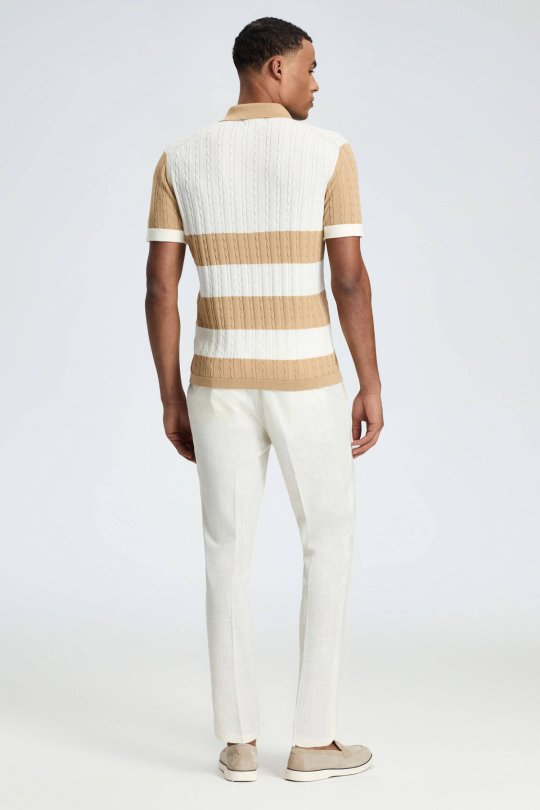 Kum Rengi Düğmeli Yaka Saç Örgü Merserize Pamuk Triko Polo