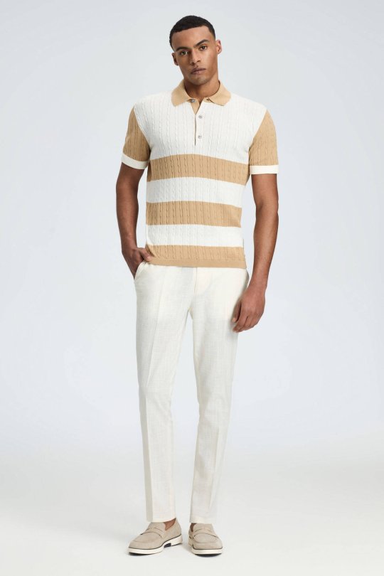 Kum Rengi Düğmeli Yaka Saç Örgü Merserize Pamuk Triko Polo