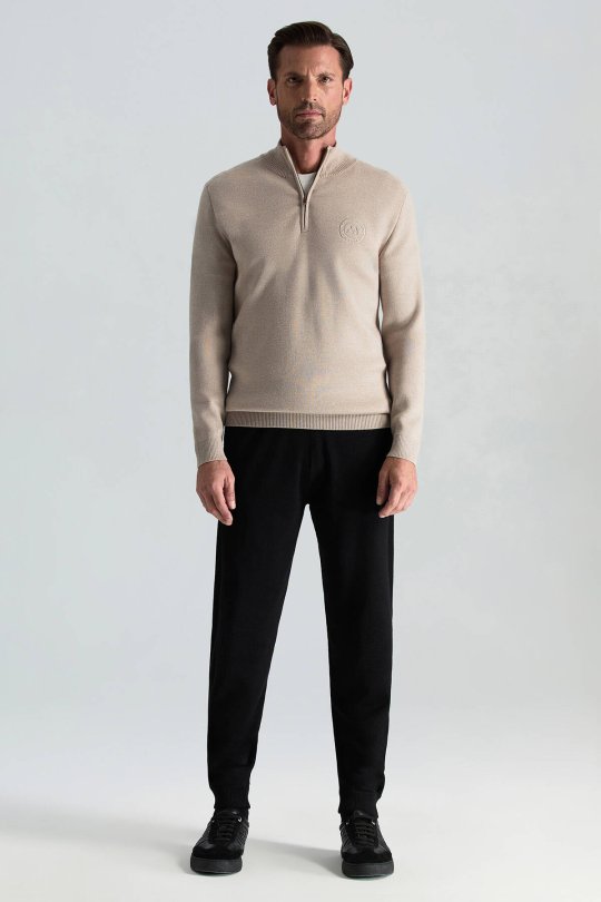 Kum Rengi Fermuarlı Merino Yün Activewear Triko