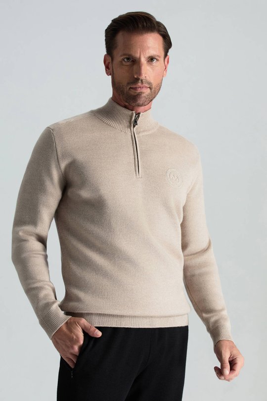 Kum Rengi Fermuarlı Merino Yün Activewear Triko