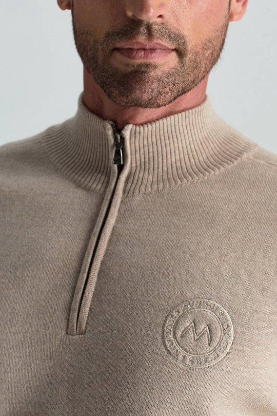 Kum Rengi Fermuarlı Merino Yün Activewear Triko