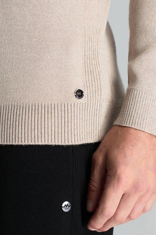 Kum Rengi Fermuarlı Merino Yün Activewear Triko