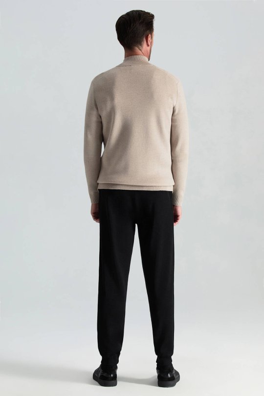 Kum Rengi Fermuarlı Merino Yün Activewear Triko