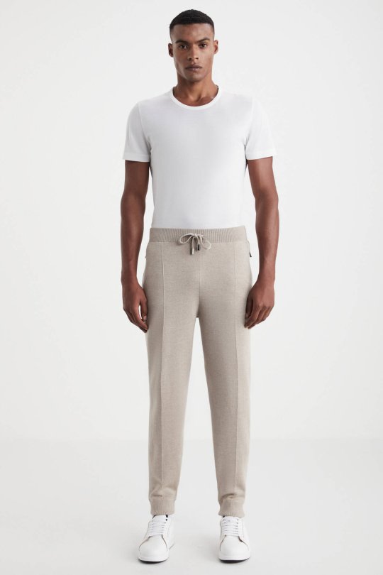 Kum Rengi Merino Yün Activewear Triko Pantolon