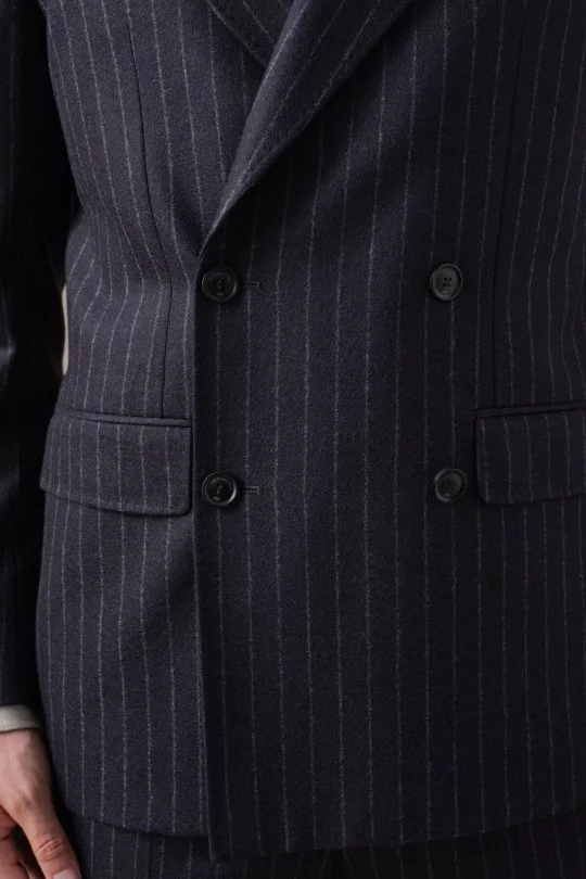 Lacivert Beyaz Chalkstripe Desen Kruvaze Ceket