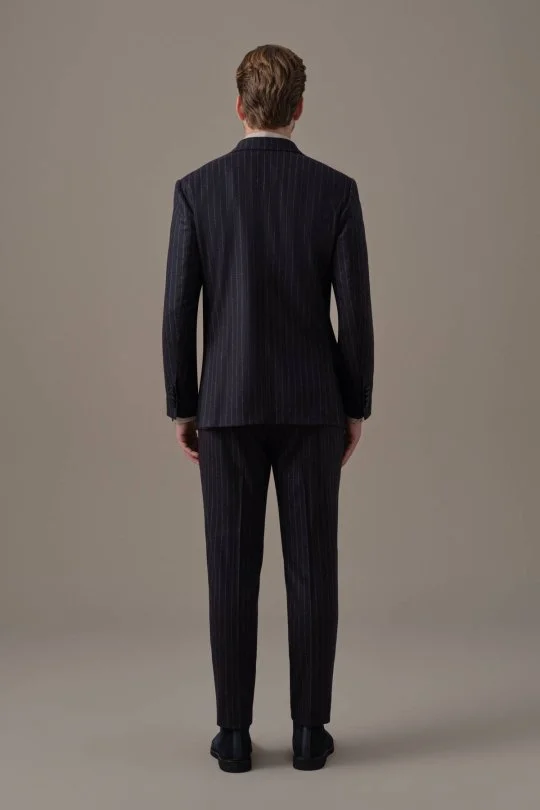 Lacivert Beyaz Chalkstripe Desen Kruvaze Ceket