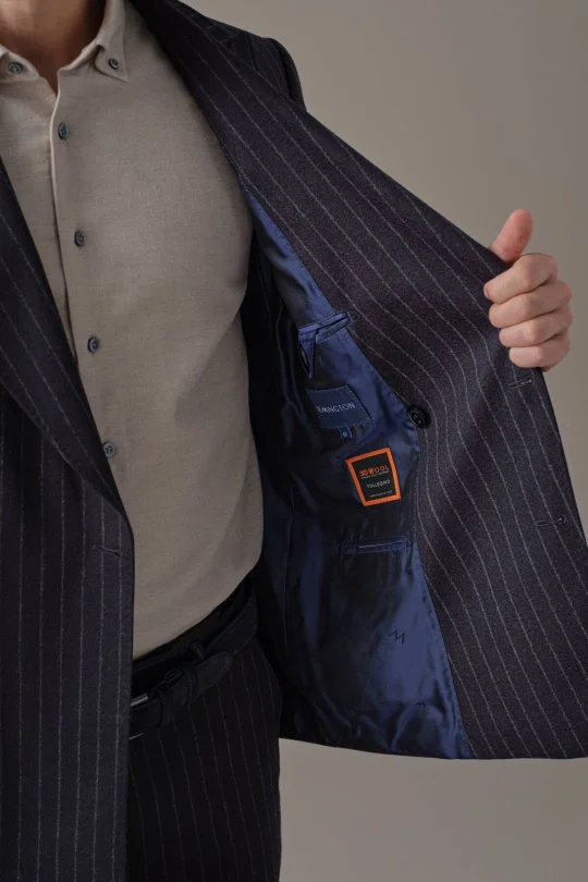 Lacivert Beyaz Chalkstripe Desen Kruvaze Ceket