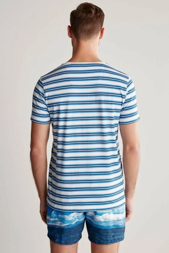 Hemington - Beyaz Lacivert Çizgili Bisiklet Yaka Saf Pamuk T-Shirt (5)
