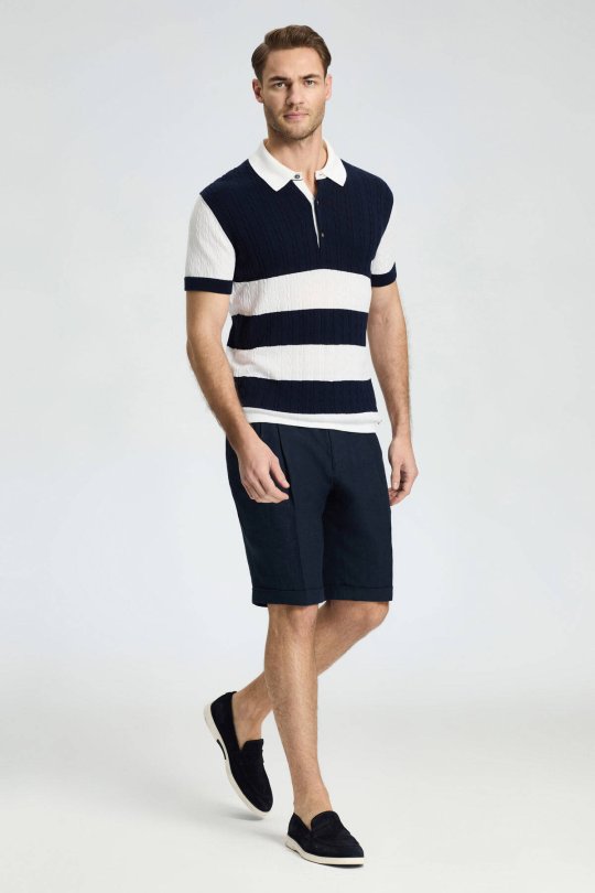 Lacivert Düğmeli Yaka Saç Örgü Merserize Pamuk Triko Polo