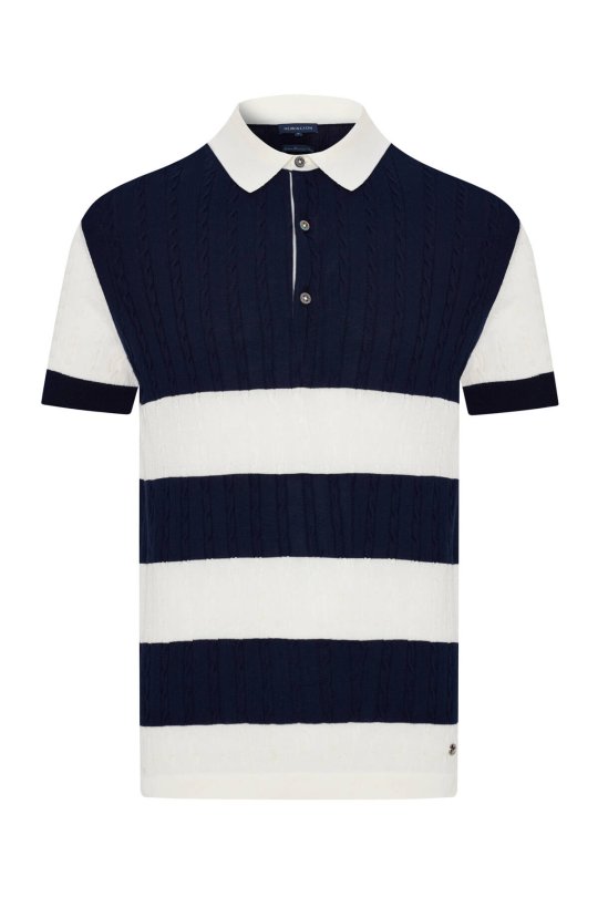 Lacivert Düğmeli Yaka Saç Örgü Merserize Pamuk Triko Polo