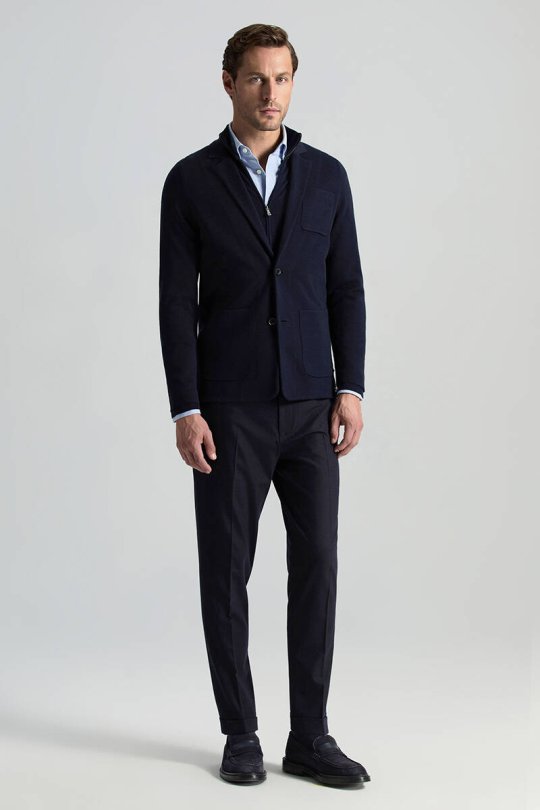 Extrafine Merino Lacivert Triko Blazer Ceket